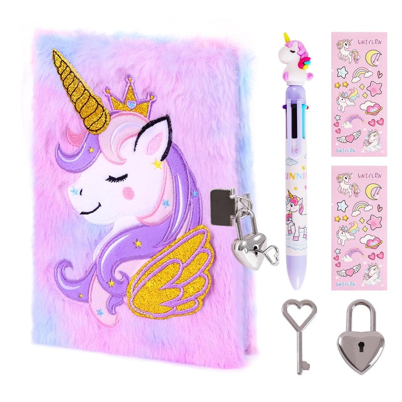 PrinBarBee Unicorn Diary with Lock for Girls Cute Plush Journal Notebook Set for Kid with Stickers Fluffy Secret Notebook for Writing and Drawing Gifts for Girls ages 6-8 - Image 1